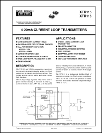 XTR115U datasheet: 4-20mA Current Loop Transmitters XTR115U
