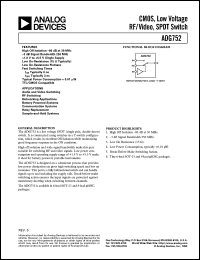 ADG752 datasheet: CMOS, Low Voltage, RF/ Video, SPDT Switch (Single Pole, Double Throw) ADG752