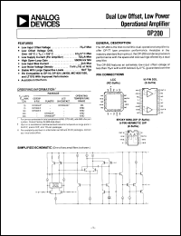 OP200 datasheet: Dual Low Offset, Low Power Operational Amplifier OP200