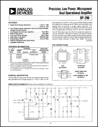 OP290 datasheet: Dual Precision, Low Power, Micropower Dual Operational Amplifier OP290