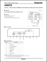 AN5270 datasheet: 4.3W x 1(8W) Power Amplifier with Volume Control and Tone Control AN5270