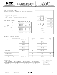 KRC422 datasheet: NPN transistor for switching applications, interface circuit and driver circuit applications. With built-in bias resistors (100 and 100 kOm). KRC422
